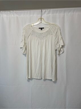 Cable & Gauge Lace-Trim Short Sleeve Top White Womens Medium